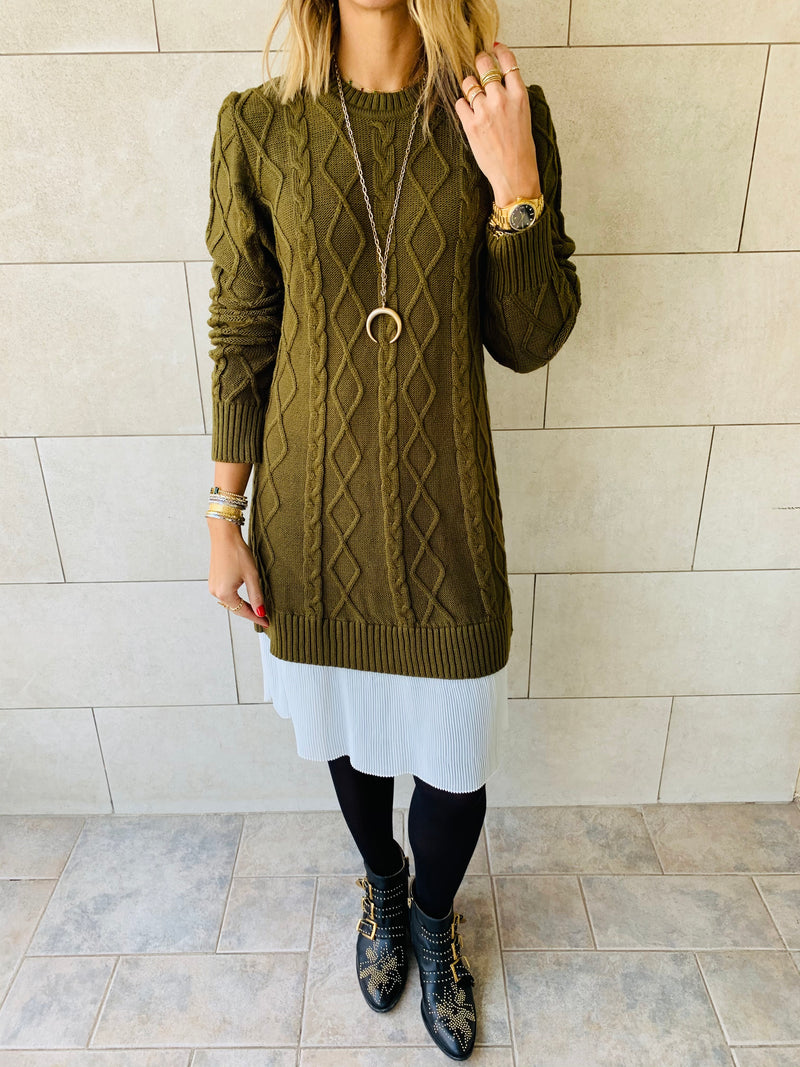 Olive Cable Plisse Hem Dress