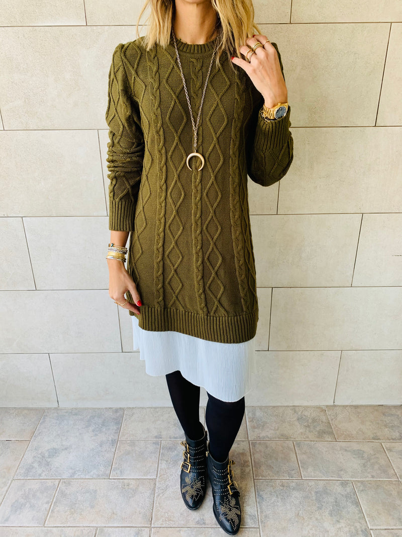Olive Cable Plisse Hem Dress