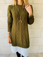 Olive Cable Plisse Hem Dress