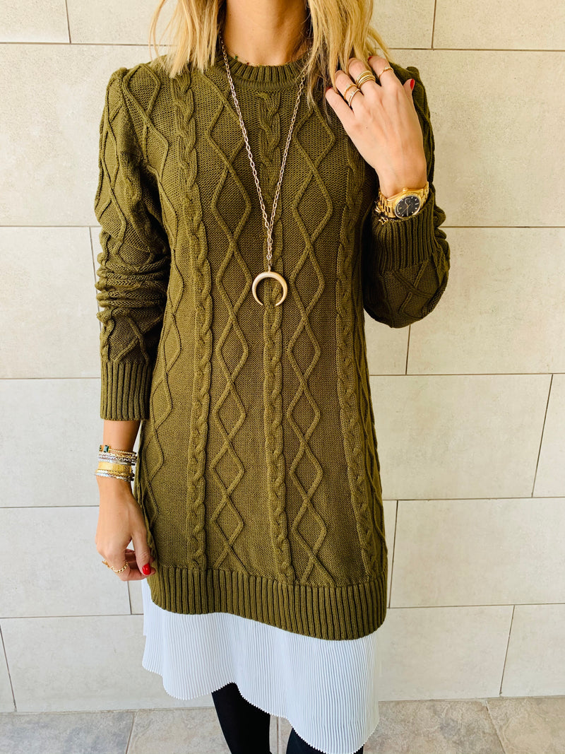 Olive Cable Plisse Hem Dress