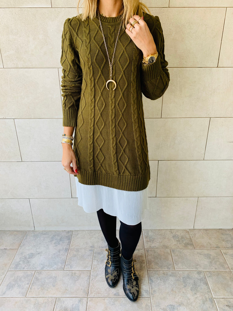 Olive Cable Plisse Hem Dress
