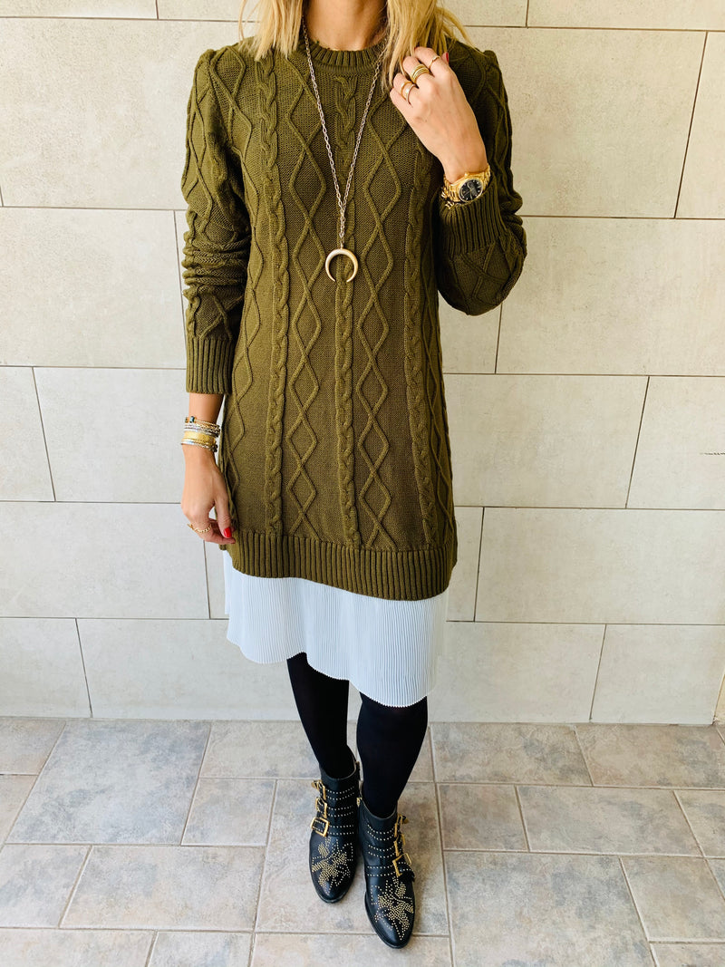 Olive Cable Plisse Hem Dress