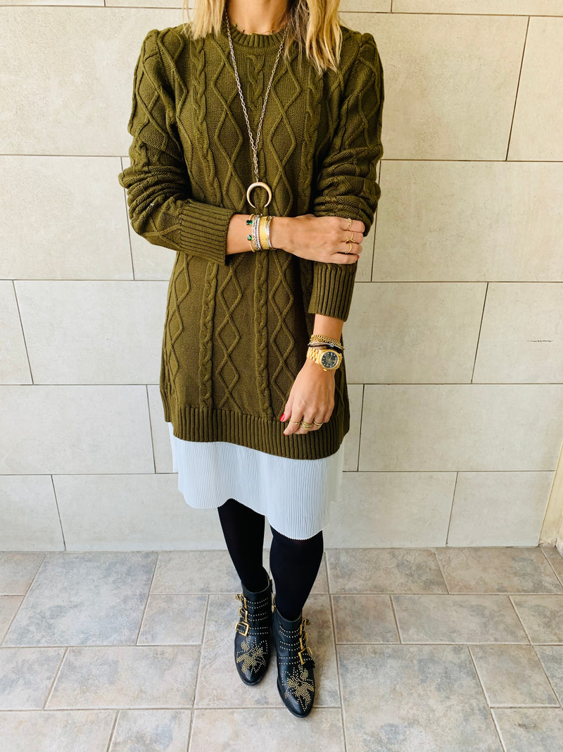 Olive Cable Plisse Hem Dress