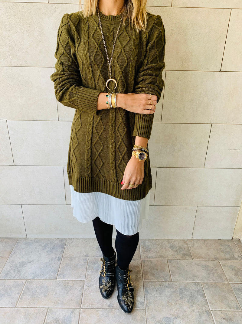 Olive Cable Plisse Hem Dress