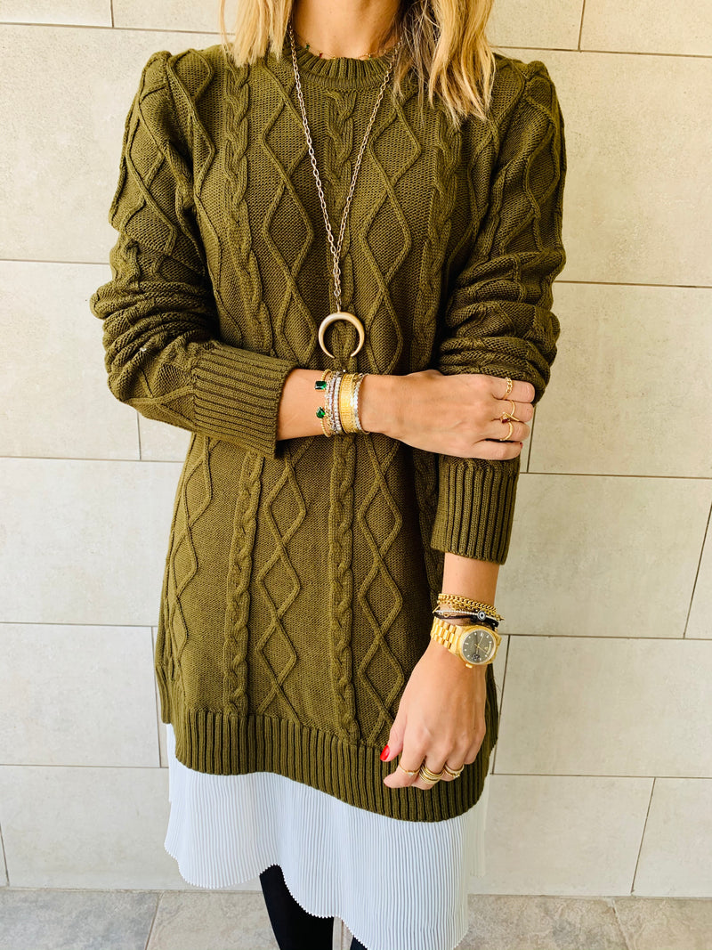 Olive Cable Plisse Hem Dress
