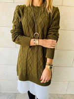Olive Cable Plisse Hem Dress