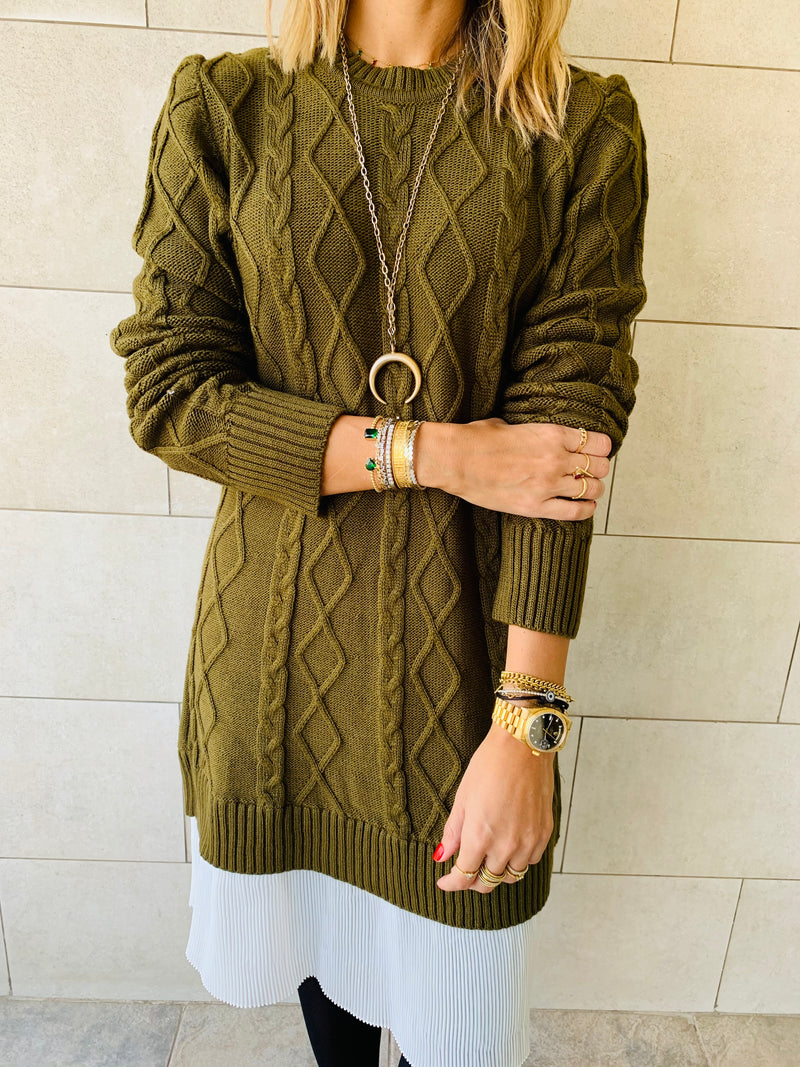 Olive Cable Plisse Hem Dress