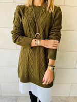 Olive Cable Plisse Hem Dress