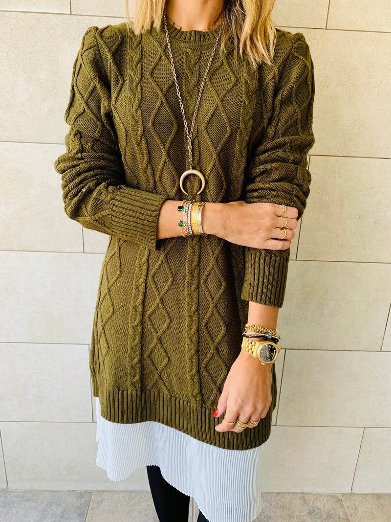 Olive Cable Plisse Hem Dress