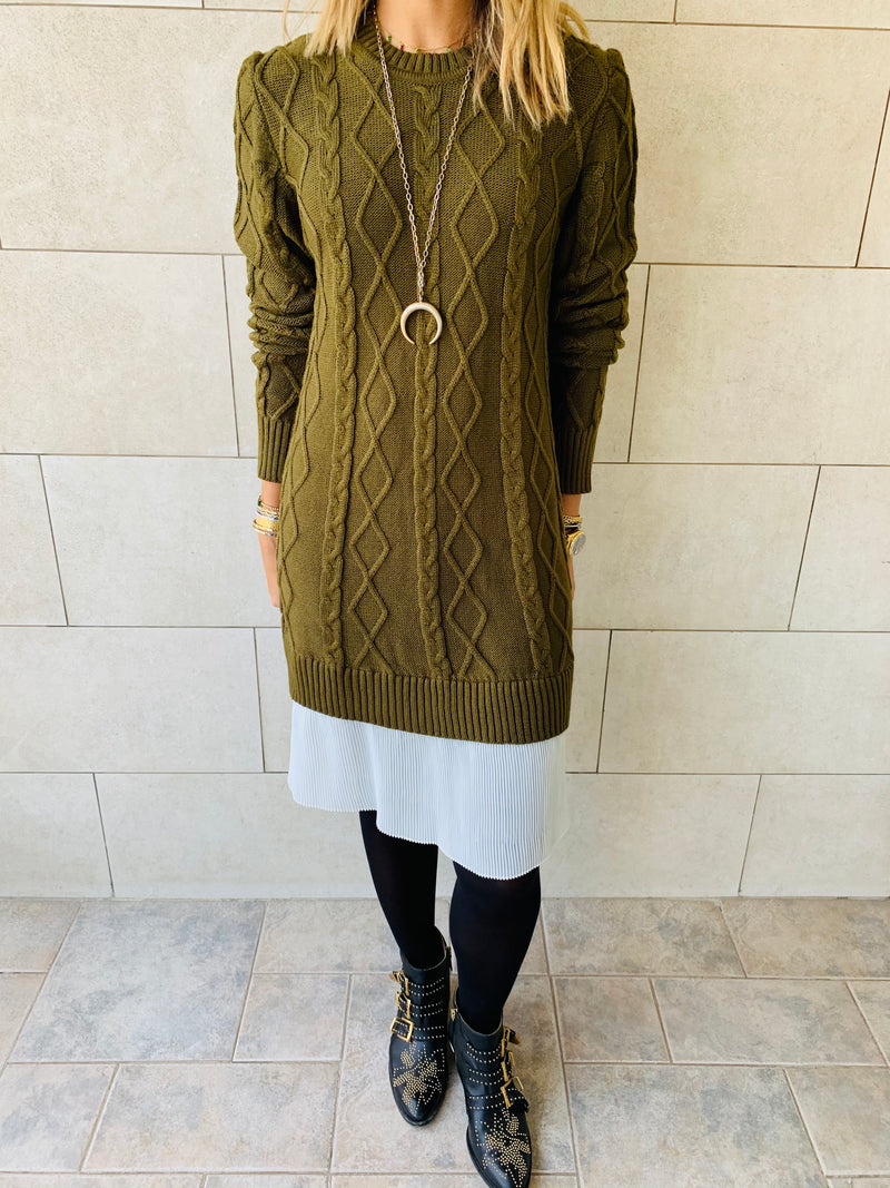 Olive Cable Plisse Hem Dress