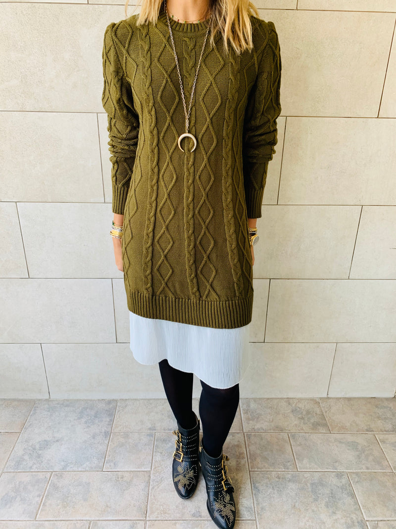 Olive Cable Plisse Hem Dress