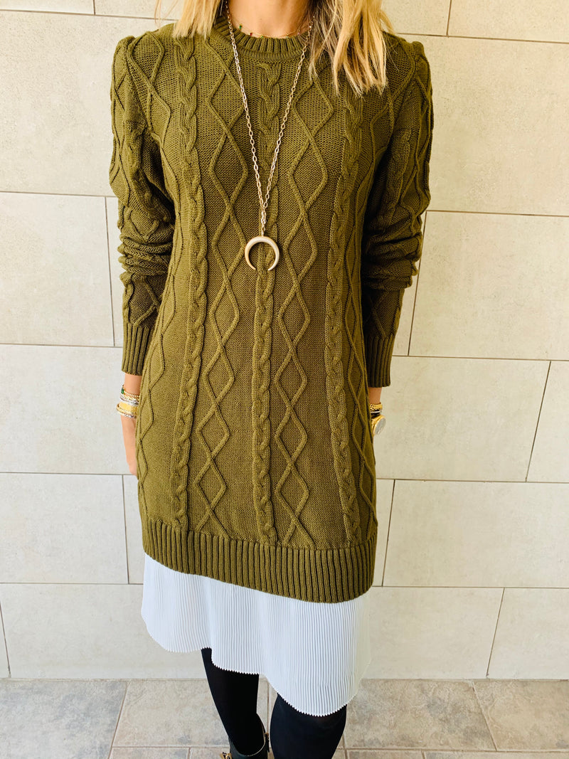Olive Cable Plisse Hem Dress