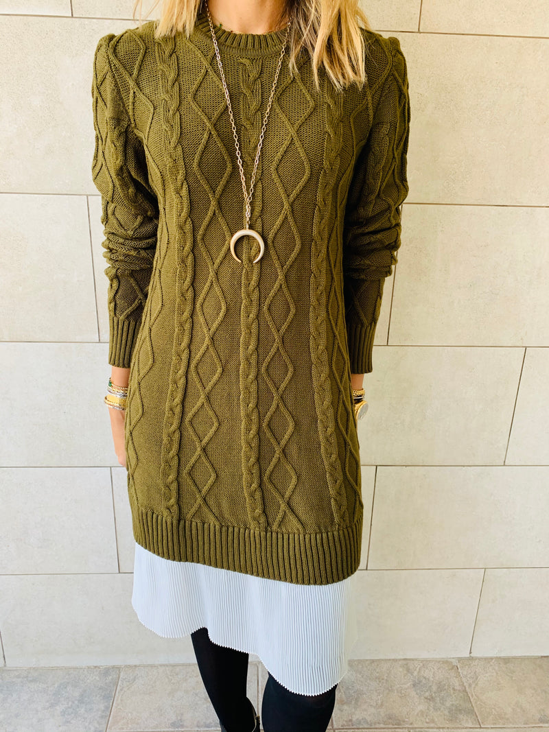 Olive Cable Plisse Hem Dress