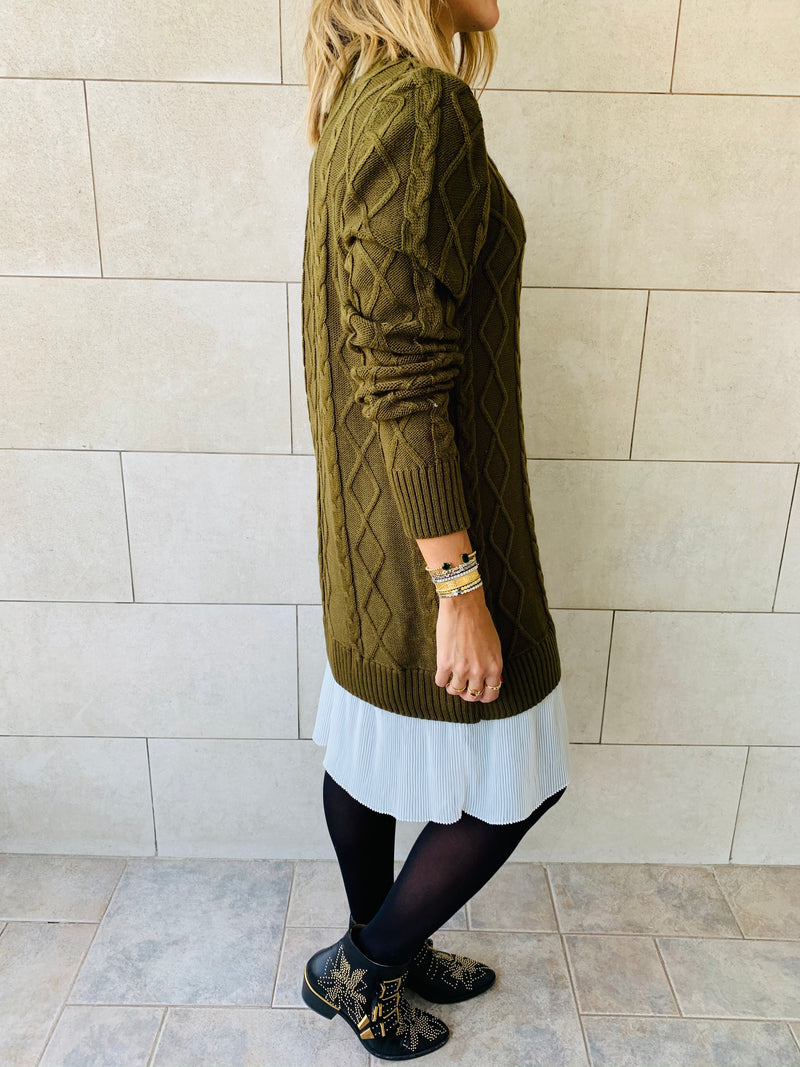 Olive Cable Plisse Hem Dress