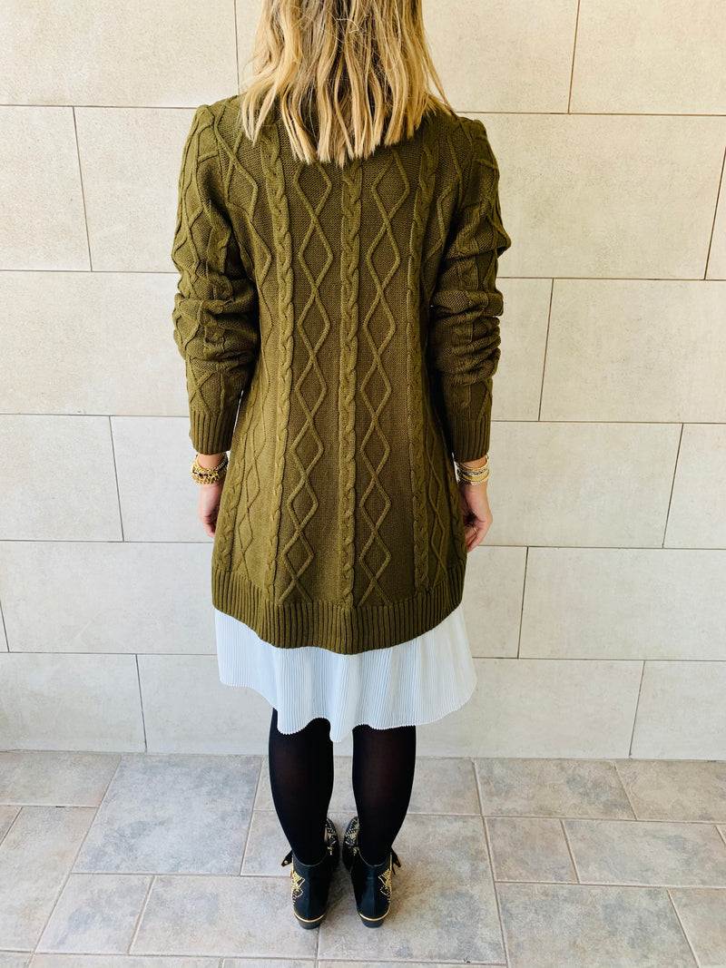 Olive Cable Plisse Hem Dress