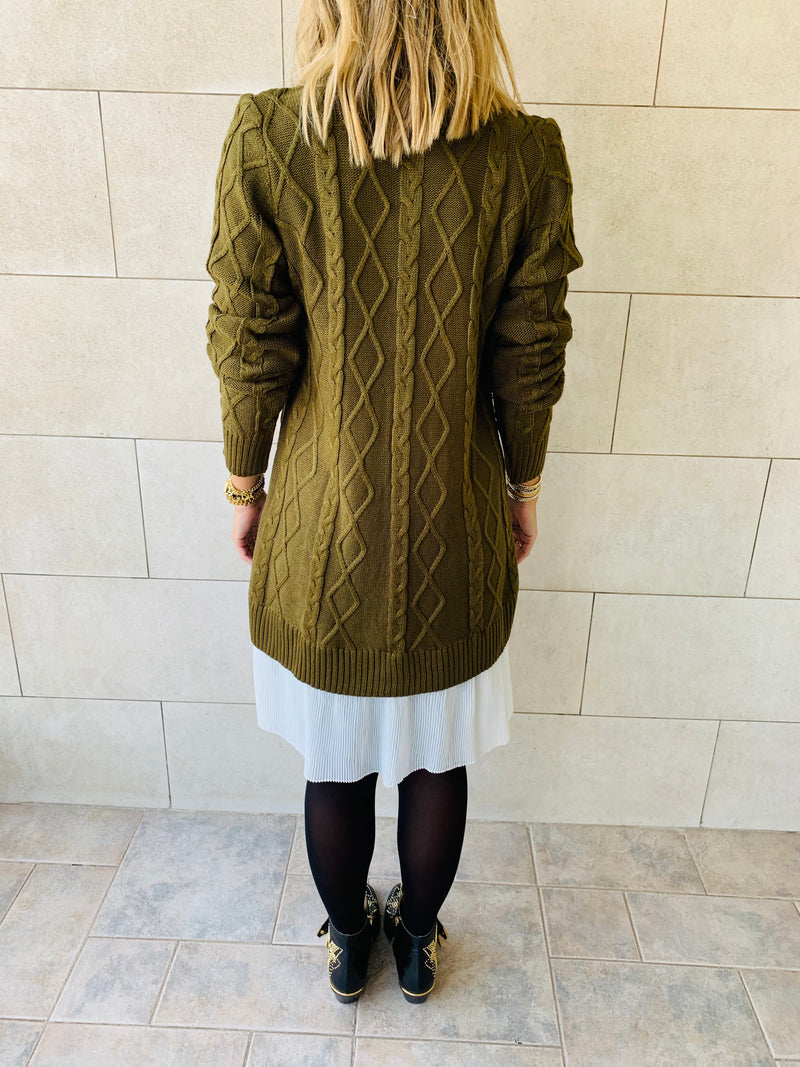 Olive Cable Plisse Hem Dress