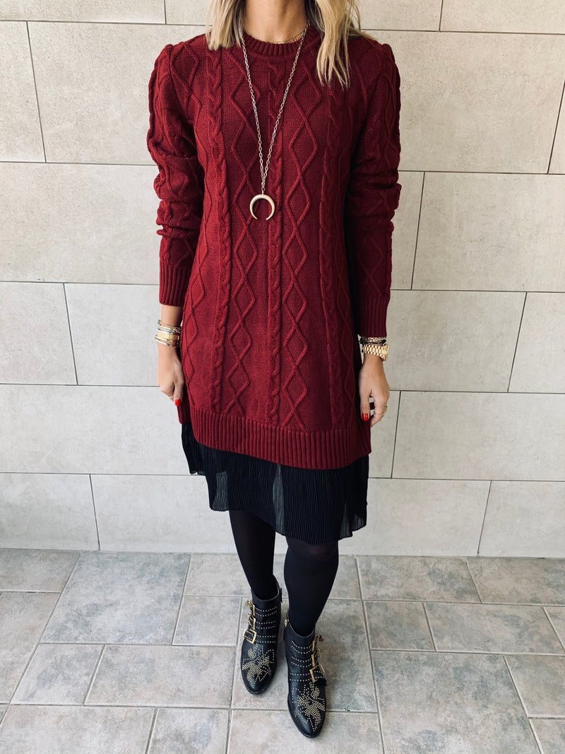 Burgundy Cable Plisse Hem Dress