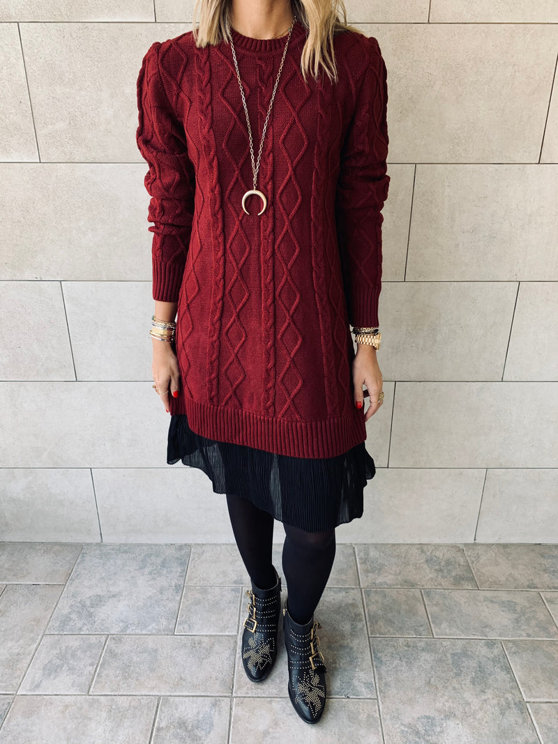 Burgundy Cable Plisse Hem Dress