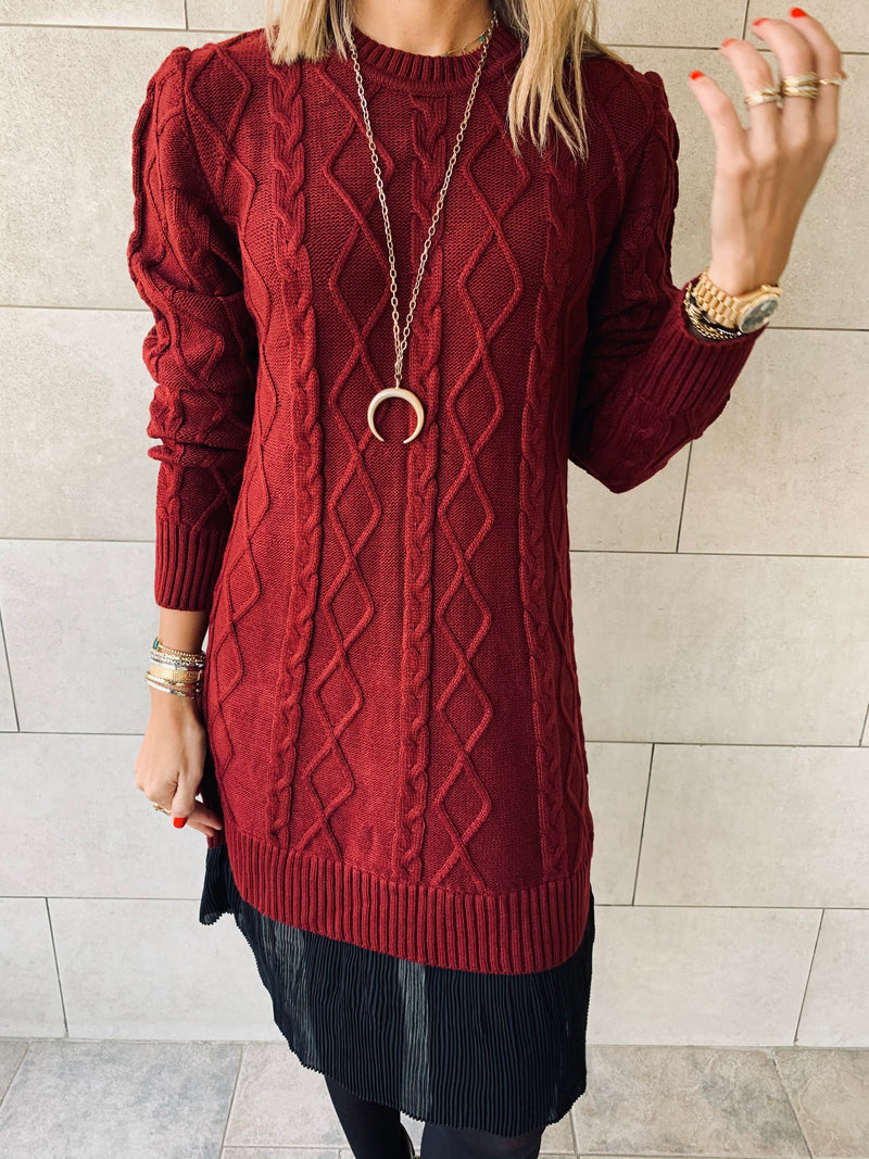 Burgundy Cable Plisse Hem Dress