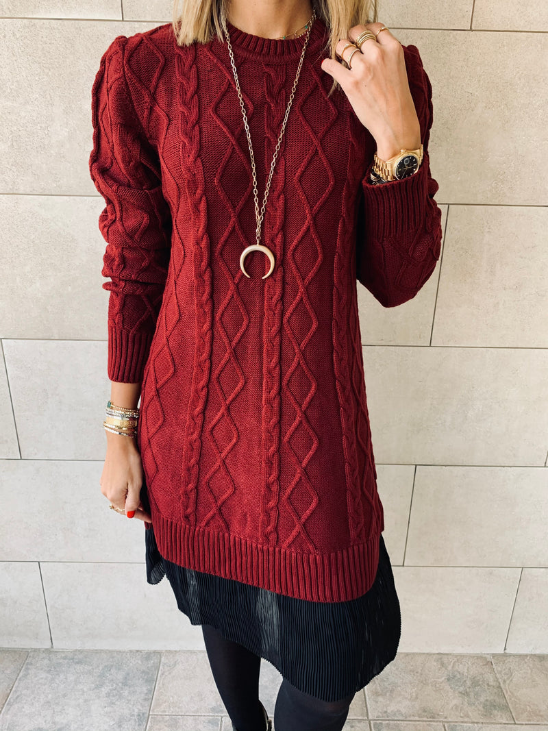 Burgundy Cable Plisse Hem Dress