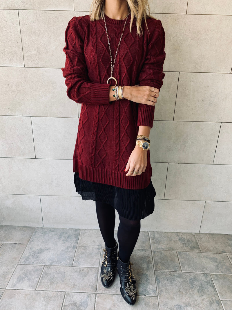 Burgundy Cable Plisse Hem Dress
