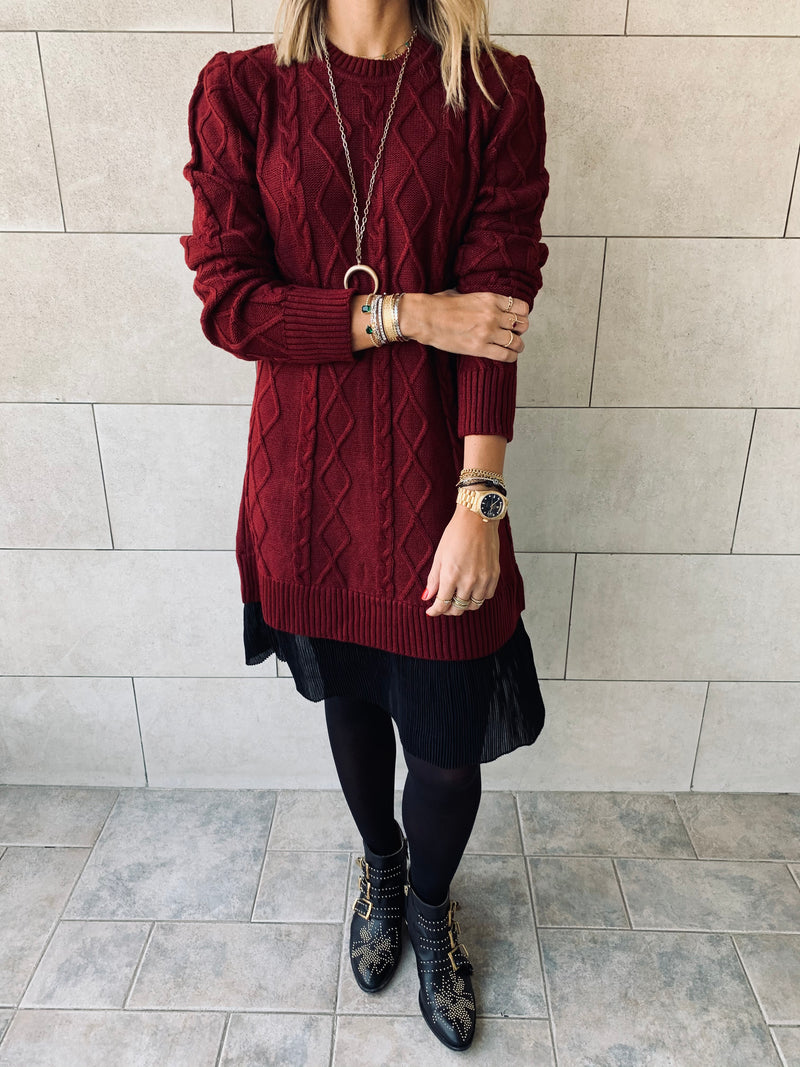 Burgundy Cable Plisse Hem Dress