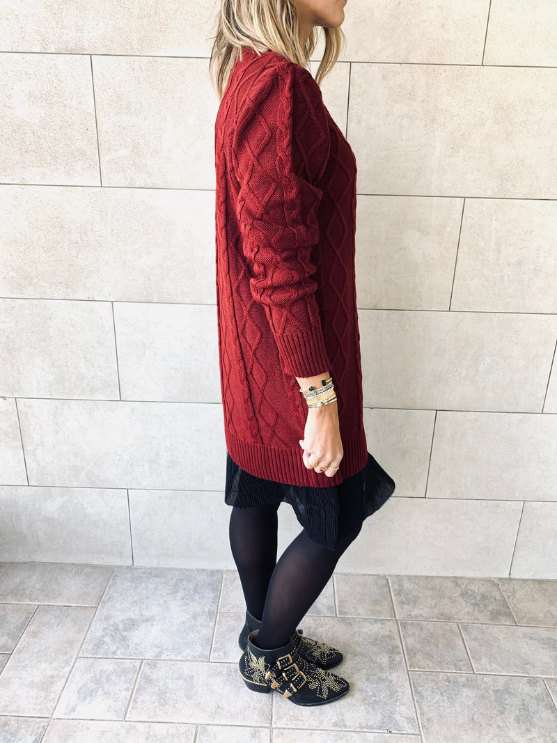 Burgundy Cable Plisse Hem Dress