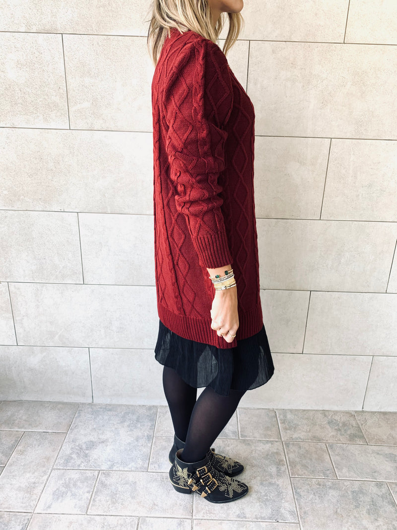 Burgundy Cable Plisse Hem Dress