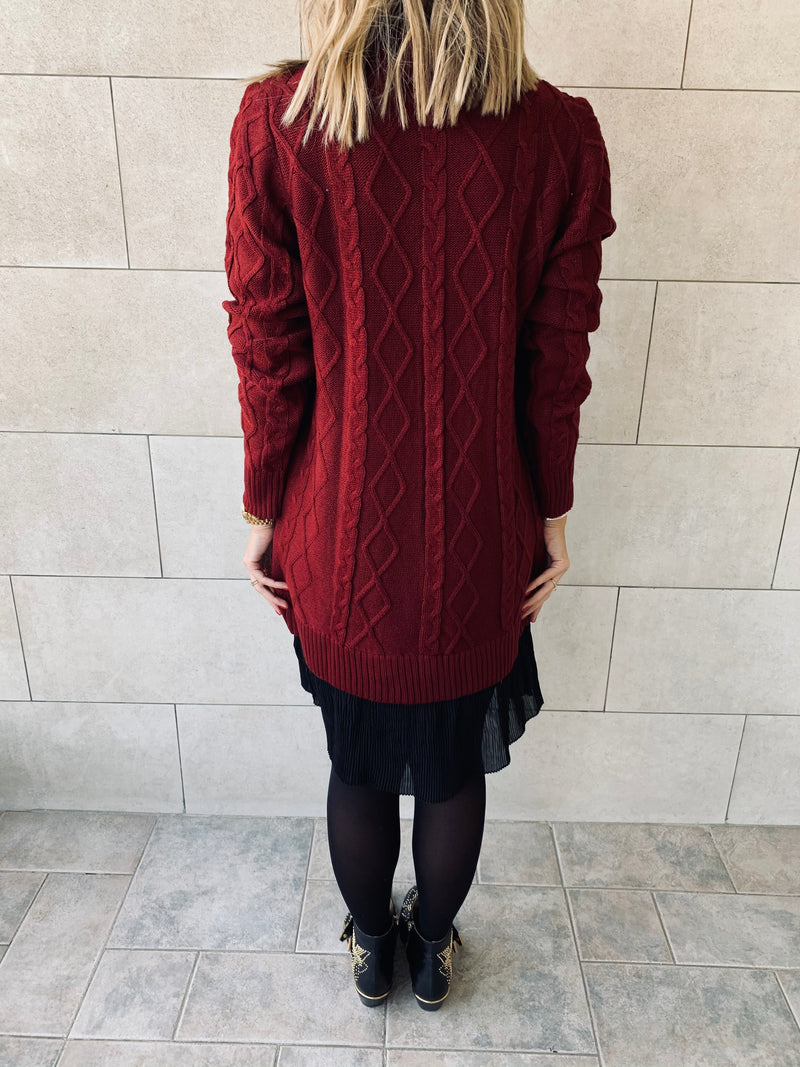 Burgundy Cable Plisse Hem Dress