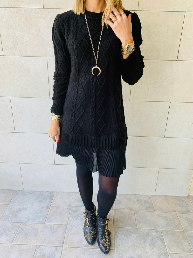 Black Cable Plisse Hem Dress
