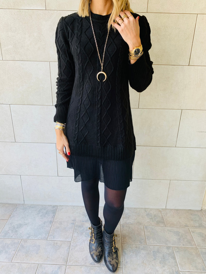 Black Cable Plisse Hem Dress