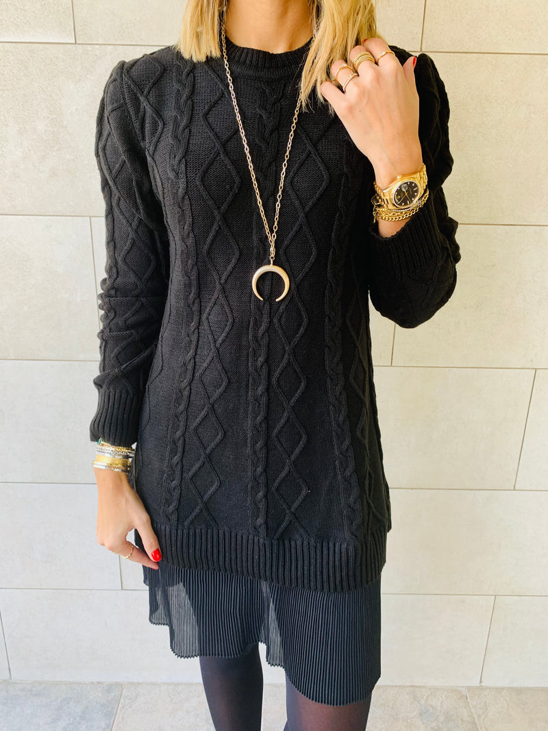Black Cable Plisse Hem Dress