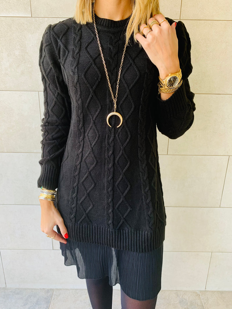 Black Cable Plisse Hem Dress