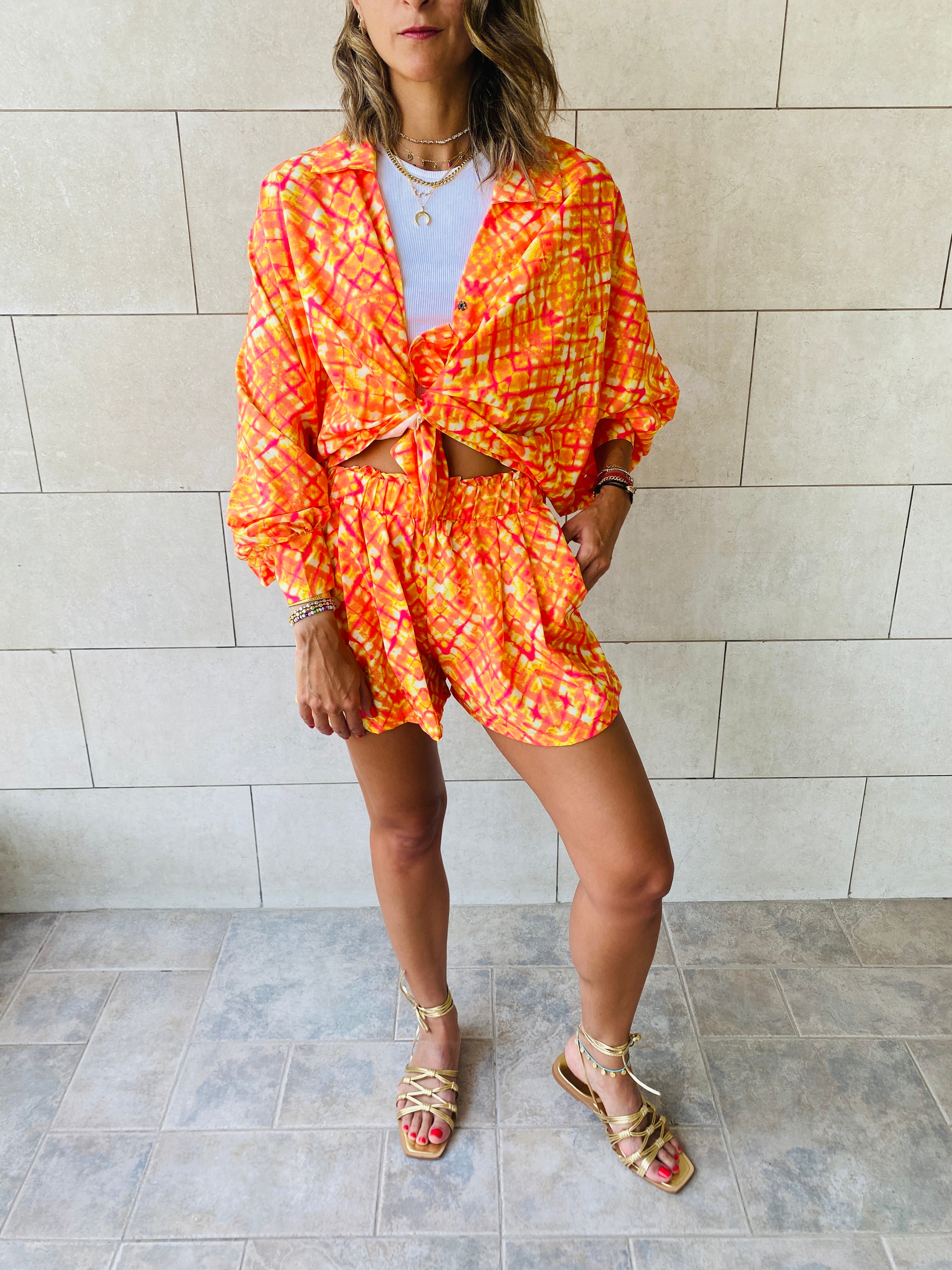 Orange Printed Shorts Set