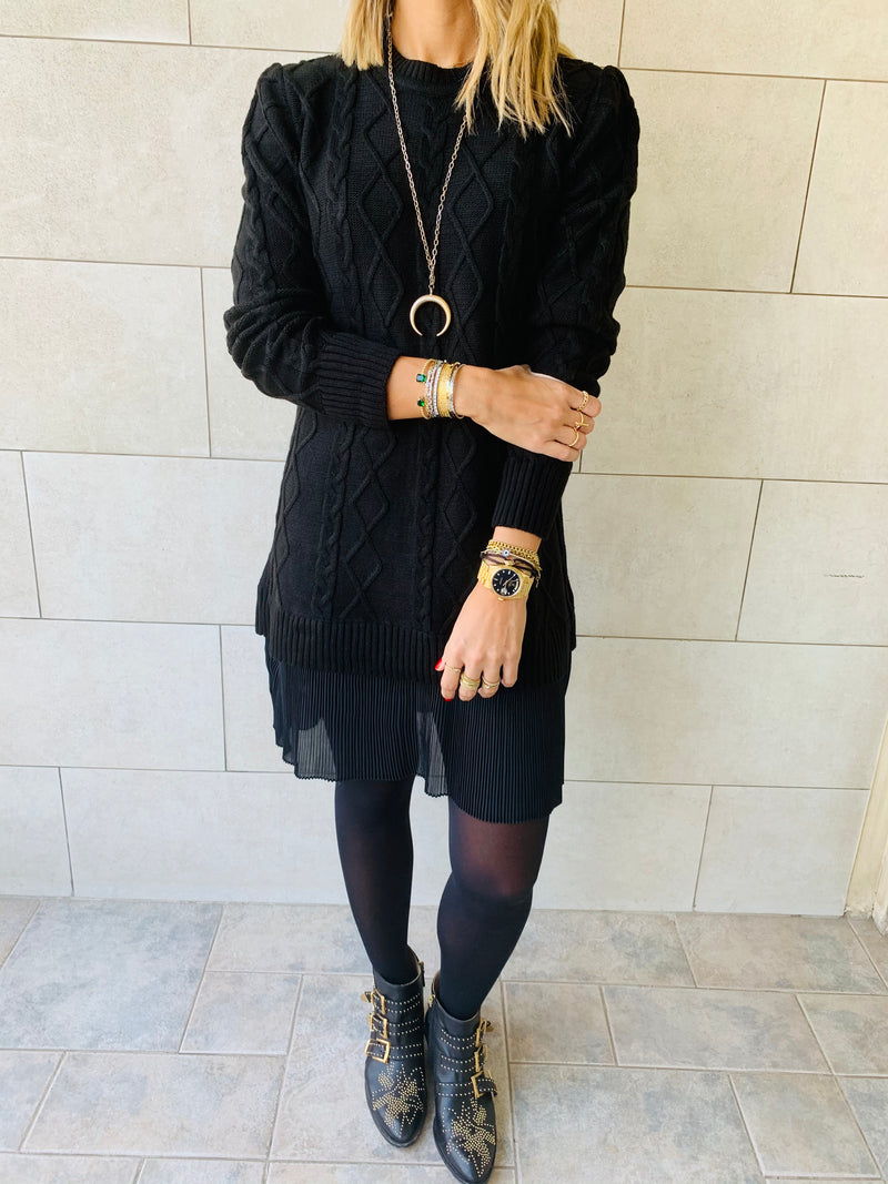 Black Cable Plisse Hem Dress