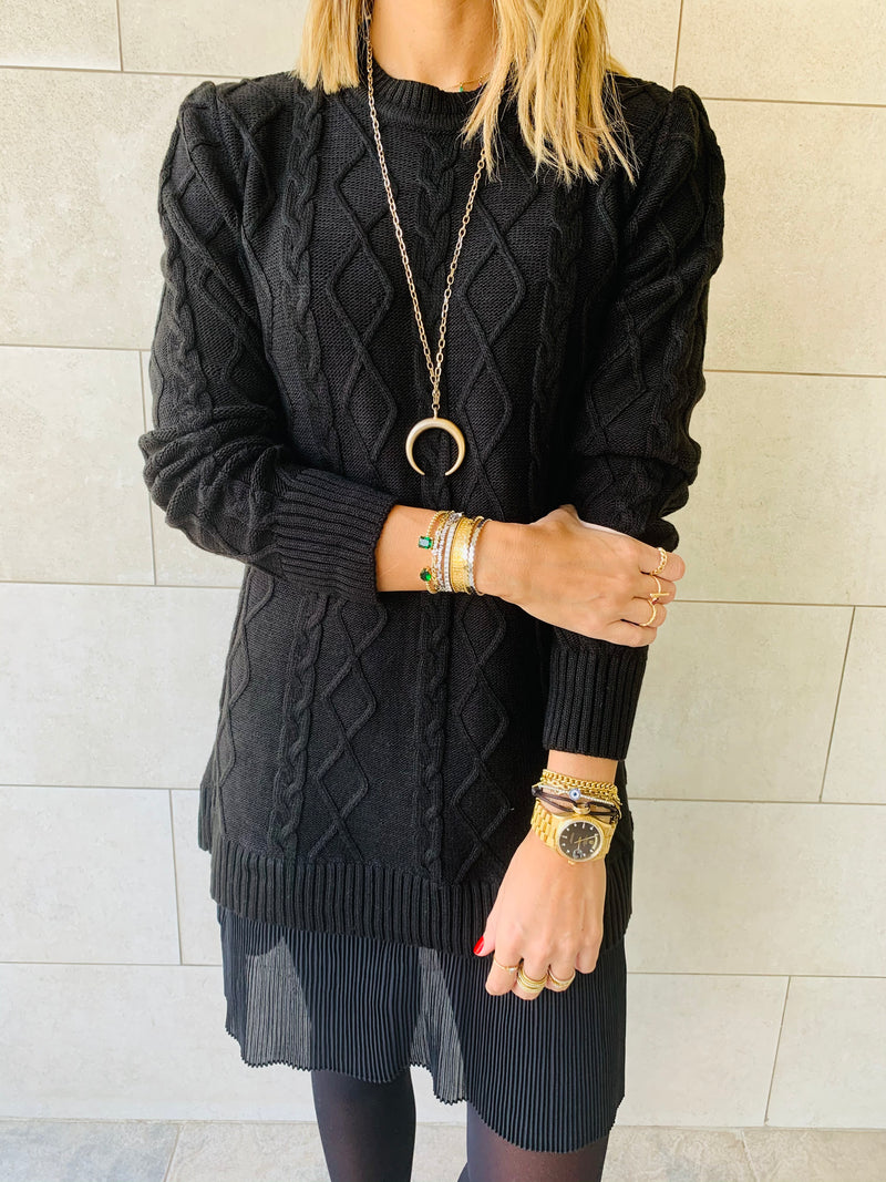 Black Cable Plisse Hem Dress