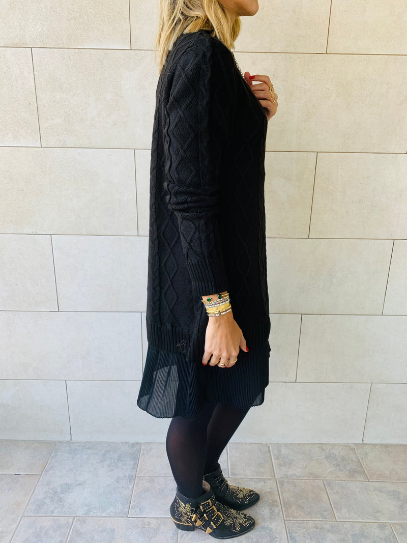 Black Cable Plisse Hem Dress