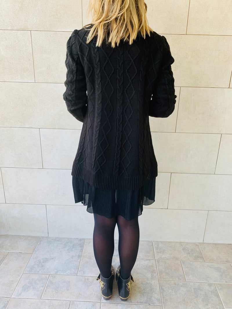 Black Cable Plisse Hem Dress