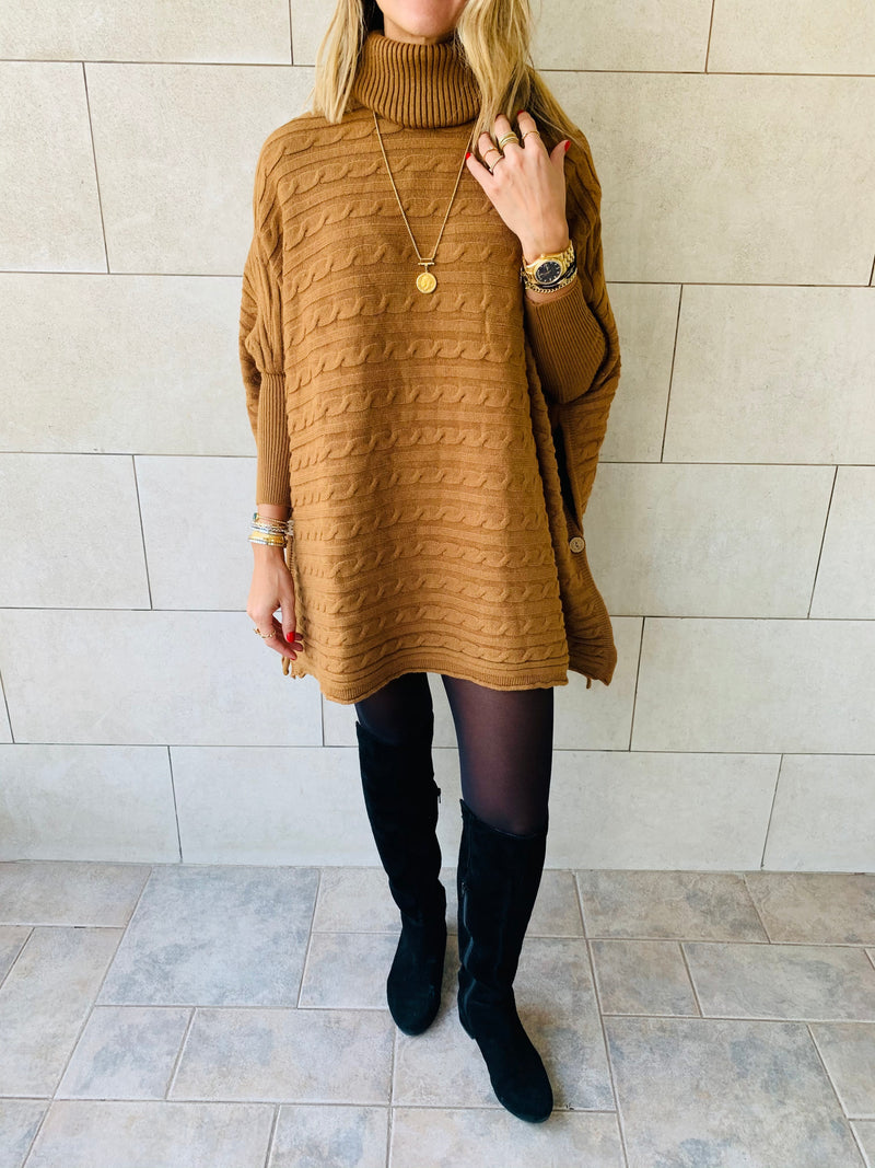 Camel Cable Knit High Neck Poncho