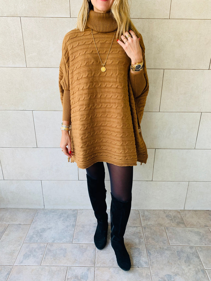 Camel Cable Knit High Neck Poncho