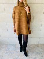Camel Cable Knit High Neck Poncho