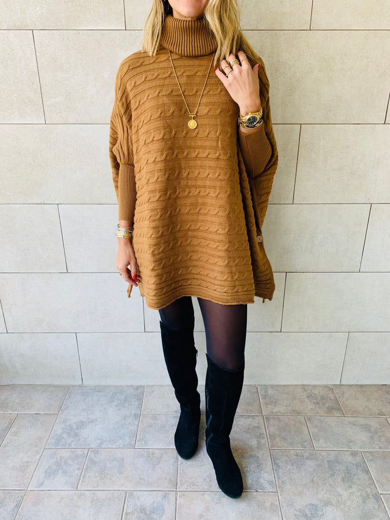 Camel Cable Knit High Neck Poncho