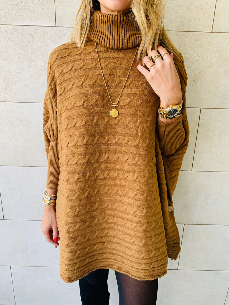 Camel Cable Knit High Neck Poncho