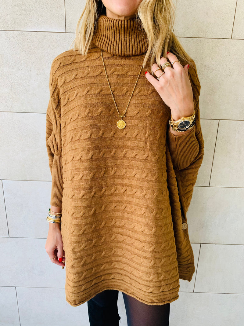 Camel Cable Knit High Neck Poncho