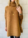 Camel Cable Knit High Neck Poncho