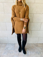 Camel Cable Knit High Neck Poncho