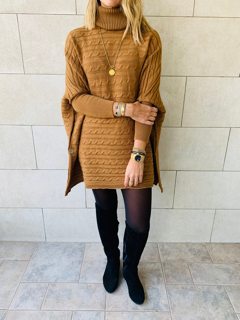 Camel Cable Knit High Neck Poncho