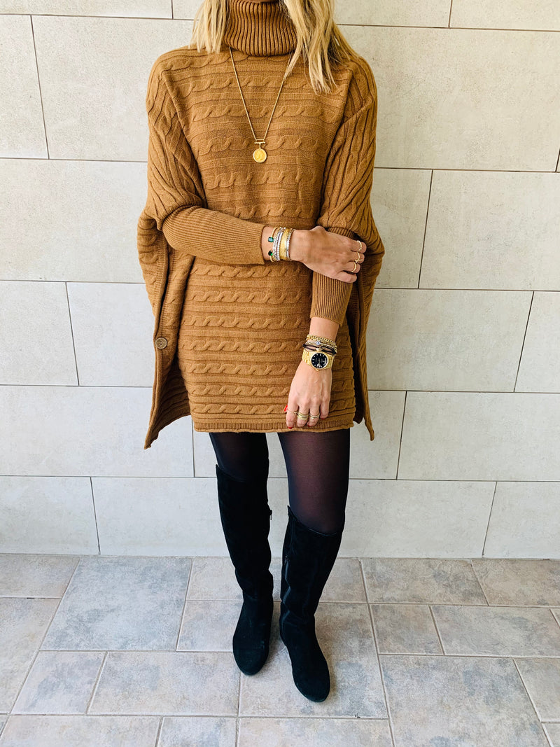 Camel Cable Knit High Neck Poncho
