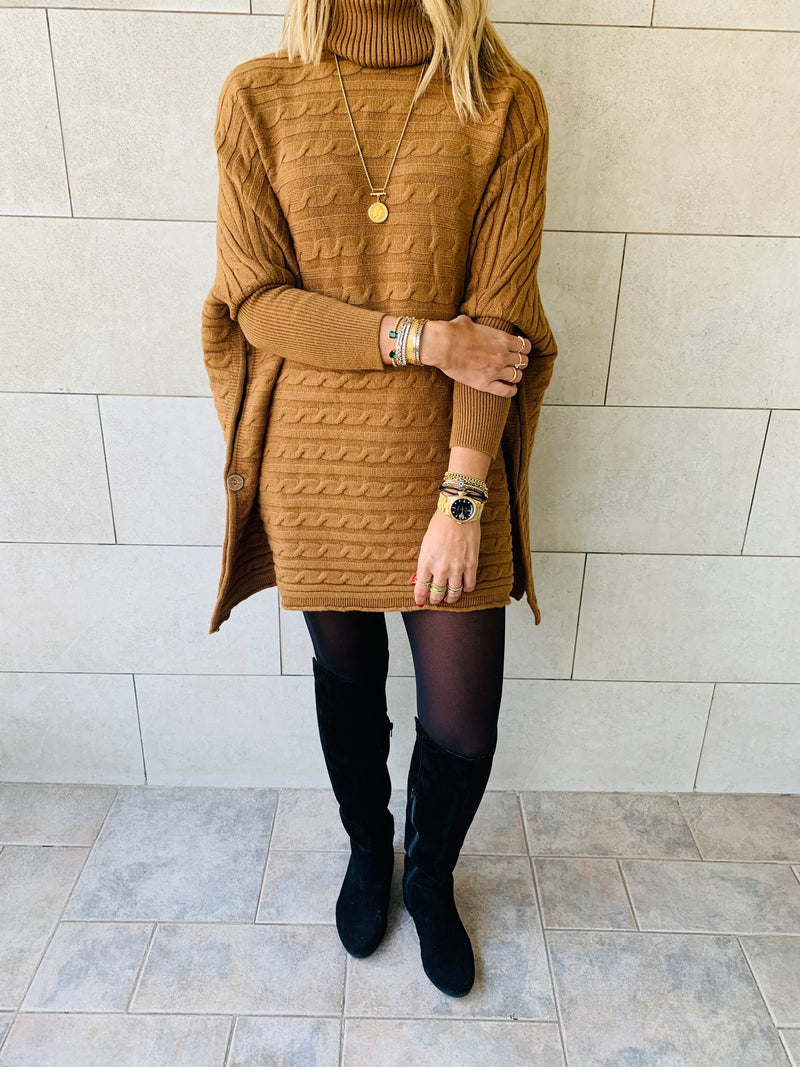 Camel Cable Knit High Neck Poncho