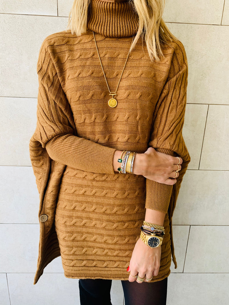 Camel Cable Knit High Neck Poncho